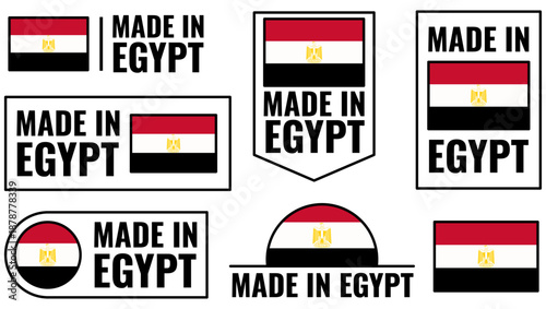 Symbols of products made in Egypt displayed in a set showing diverse designs and shapes