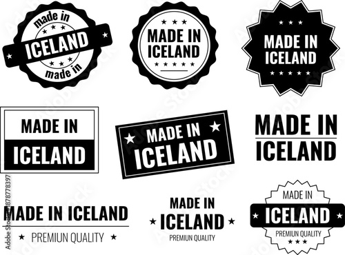 Icons representing Made in Iceland product labels for various applications in design work