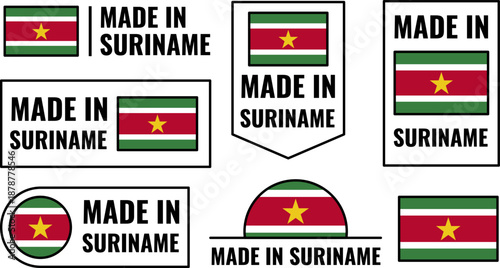 Icons set showing product emblems made in Suriname with national flag design