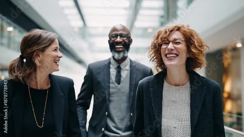 Professional Promenade: A trio of confident business individuals stride through a modern office, their smiles radiating camaraderie and professionalism.