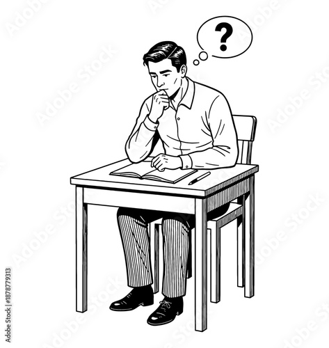 Thoughtful Caucasian man sitting at a desk with a book and a pen a question mark floating above his head