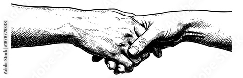 Two hands shaking firmly symbolizing agreement trust partnership in detailed black and white engrave style isolated