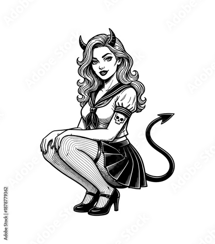 Mischievous Pinup Devil Girl in Sailor Uniform with Horns and Tail Squatting and Smiling Black and White Illustration