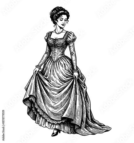 Elegant Caucasian Woman in Historical Gown Gracefully Holding Her Skirt with a Gentle Expression