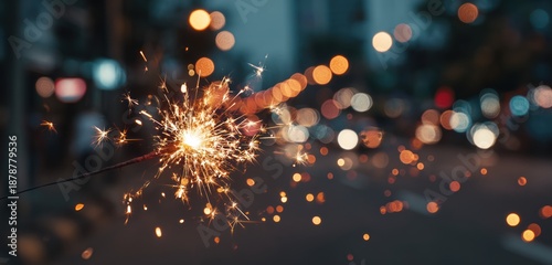 Sparkler in Urban Nightscape with Bokeh Lights for Celebration Design