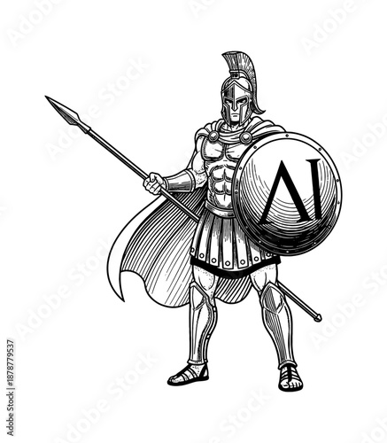 Spartan Warrior Standing with Spear and Shield featuring Lambda Symbol Strong Muscular Ancient Greek Soldier