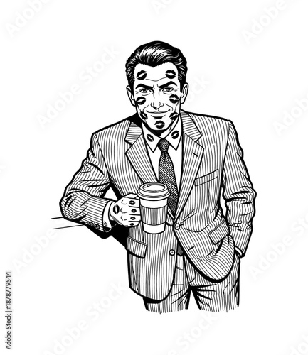 Confident Caucasian man in pinstripe suit with lipstick kiss marks on his face holding a coffee cup