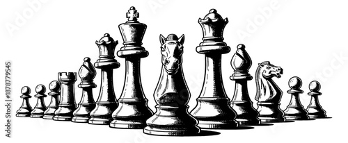 Detailed Black and White Chess Pieces Illustration Lined Up in a Classic Vintage Engrave Style for Strategy Game