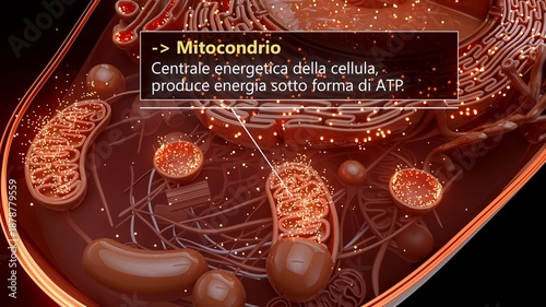 3D illustration of a mitochondrion producing cellular energy in italian