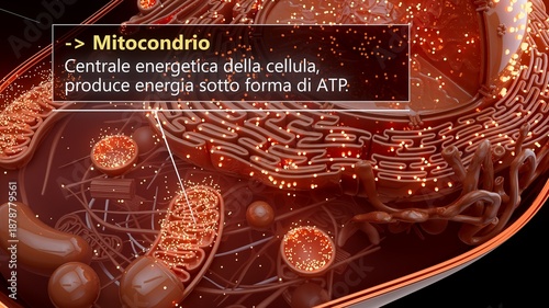 3D illustration of a mitochondrion producing cellular energy in italian