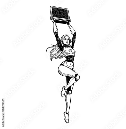 Female Robot Holding Screen Above Head with Determined Expression and Dynamic Pose in Detailed Black and White Line Art