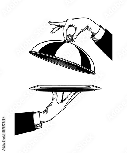 Elegant hand lifting a serving cloche cover from a tray presented by a formal waiter in black and white classic detailed illustration art