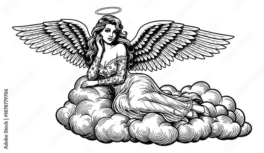 Fototapeta premium Beautiful winged woman with a halo serenely lying on soft clouds in a heavenly scene artwork