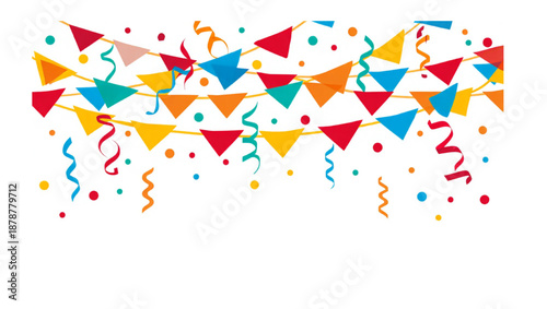 Abstract colorful background with vector illustration of geometric stars, featuring a festive party pattern of confetti, triangles, and celebratory bunting for a birthday or Christmas card design
