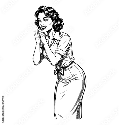 Smiling Caucasian Pinup Woman Whispering a Secret with Hands Together in a Playful Retro Illustration