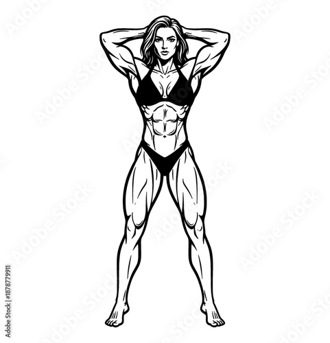 Muscular Caucasian woman flexing her strong body in a bikini with hands behind head confident expression