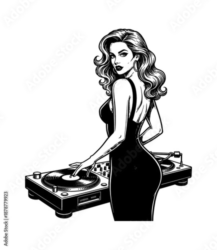 Glamorous Woman DJ Mixing Music with Turntable in Black Dress and Alluring Expression Retro Style Illustration