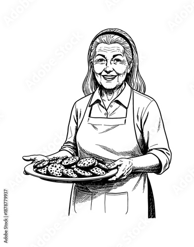 Elderly Caucasian woman smiling happily holding a plate of homemade cookies in a friendly gesture vector illustration