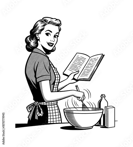 Smiling Caucasian Woman Whisking in a Bowl Holding a Cookbook While Cooking in Vintage Retro Illustration Style