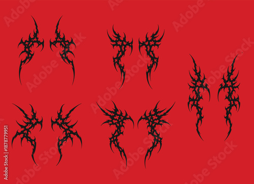 Set Succubus Y2K womb symmetrys gothic tattoo. Acid Neo tribal tattoo, maori style. Cyber sigilism for streetwear, merch, t-shirt. Demon sigil in neo tribal style. Isolated vector illustration