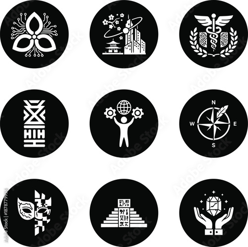Heritage & Cultural Fusion set of black and white vector icons representing travel history culture and mystery including globe mask column ankh compass dragon castle and drum symbols isolated