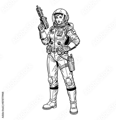 Determined woman astronaut holding ray gun standing ready in futuristic space suit illustration