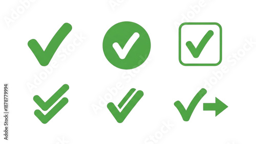 Collection of green checkmark icons in various styles and shapes on a transparent background viewed from directly above