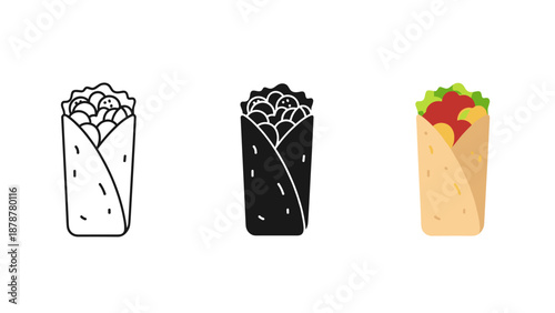 Three colorful burritos wrapped in different styles and fillings on white