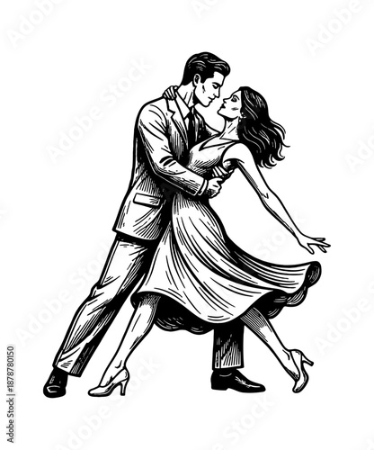 Romantic couple gracefully dancing an elegant tango with passion in a detailed black and white illustration