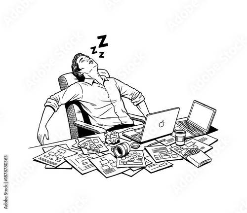 Exhausted man sleeping deeply at his cluttered office desk surrounded by work documents and unhealthy food