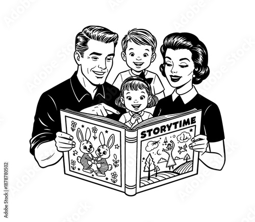 Happy Caucasian Family Reading a Storybook Together Smiling Joyfully During Storytime Detailed Vintage Line Art Drawing