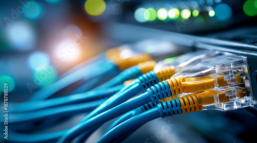 Closeup network cables data center, specialized telecommunications infrastructure, display server connectivity, moment IT operations, defocused equipment background, with copy space