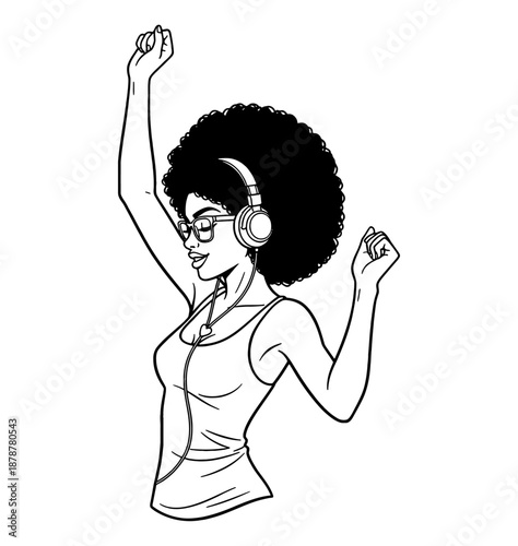 African American woman happily dancing and listening to music with headphones and raised arms line art illustration