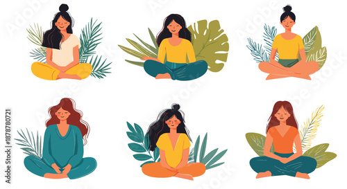 Serene Women Meditating Among Tropical Foliage Illustrations