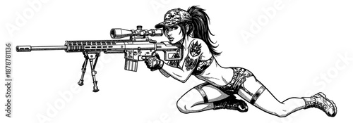 Pinup Woman Aiming Sniper Rifle with Focused Gaze in Tactical Gear and Tattoos Detailed Illustration