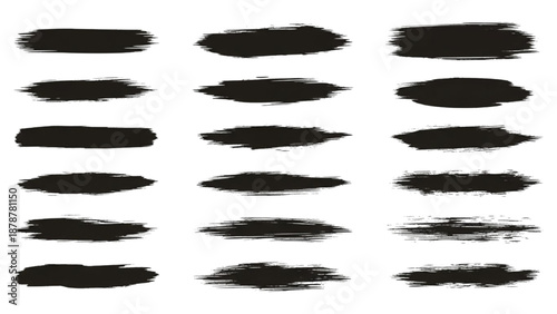 Collection of black brush strokes in various shapes and sizes on a clean background from a direct viewpoint