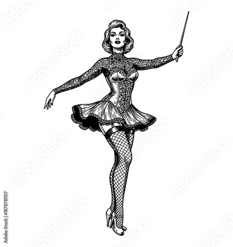 Vintage Pinup Woman in Burlesque Attire Posing Confidently Holding a Stick Detailed Outline Drawing