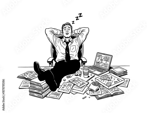 Exhausted man sleeping deeply at his cluttered office desk with feet up surrounded by work and food