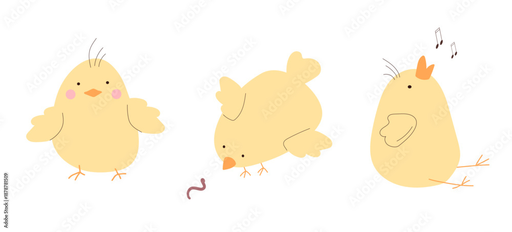 Fototapeta premium Collection of cute yellow Easter chicks isolated on white. Singing chick, a chick looking at a worm, and funny front view chick. Spring design elements for holiday greeting cards and kids projects