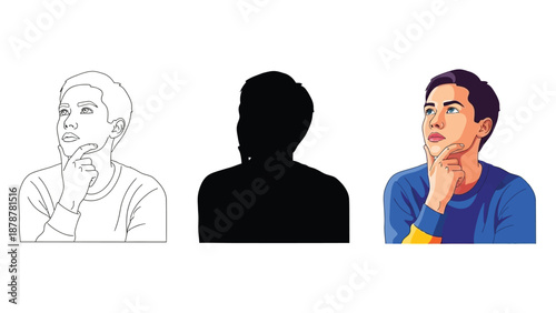 Set of three illustrations showing a young man in contemplation with different styles including outline silhouette and full color vector art
