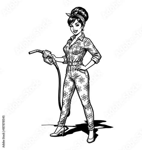 A confident smiling Caucasian woman in a patterned jumpsuit holding a gas pump nozzle pinup style illustration