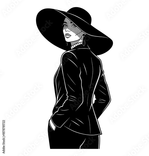 Elegant woman wearing a wide brimmed hat and suit jacket looking back over her shoulder with a serious confident expression