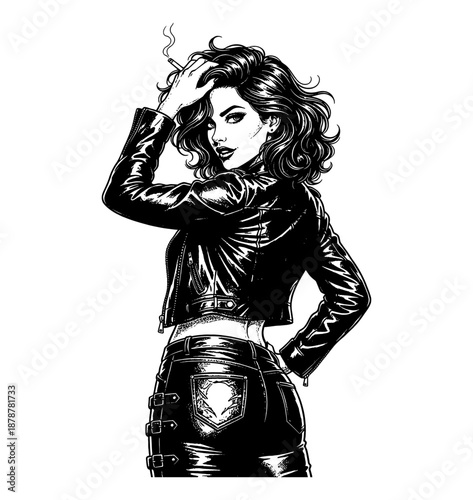 Edgy woman in a leather jacket posing coolly with a cigarette and an alluring confident expression