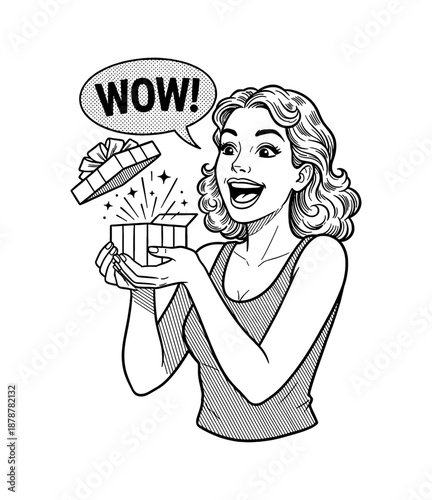 Excited woman opening a sparkling gift box with a happy amazed expression and a wow speech bubble in vintage pop art illustration