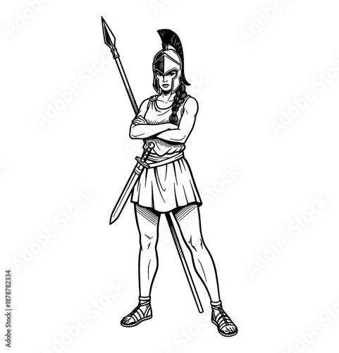 Determined female warrior in an ancient helmet with crossed arms holding a spear and sword confident pose