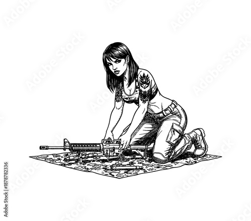 Determined tactical pinup woman kneeling assembling rifle on camouflage mat detailed artwork