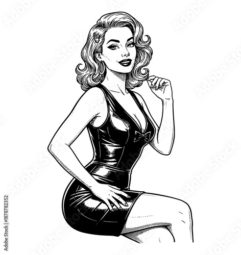 Confident Pinup Woman Posing in a Shiny Black Dress with Curly Hair and a Seductive Smile Illustration