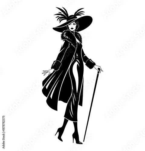 Stylish woman walking gracefully holding a cane wearing an elegant feathered hat and fur coat with a confident expression