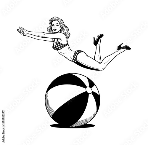Confident Pinup Woman Floating in Bikini and High Heels Above a Beach Ball Retro Line Art Illustration