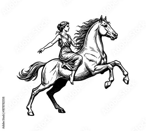 Graceful Caucasian Woman Riding a Rearing Horse in a Dynamic Engraving Style Illustration